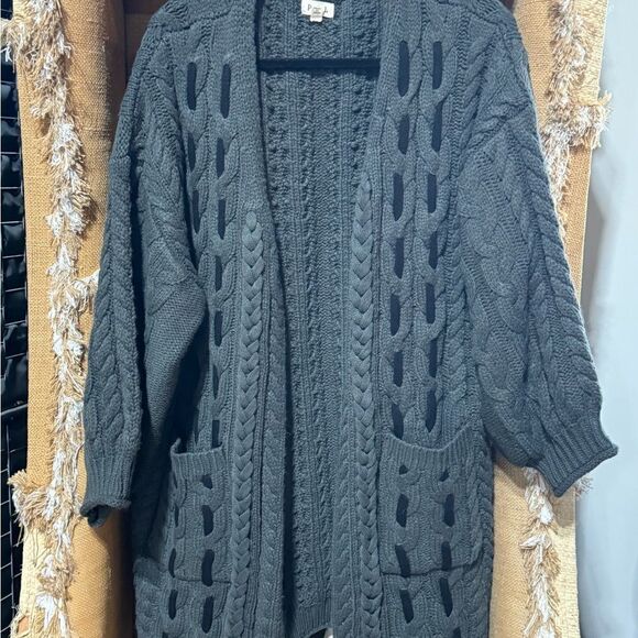POL Chunky Cable Knit Long Line Slouchy Open Cardigan Sweater Gray S - Picture 2 of 6